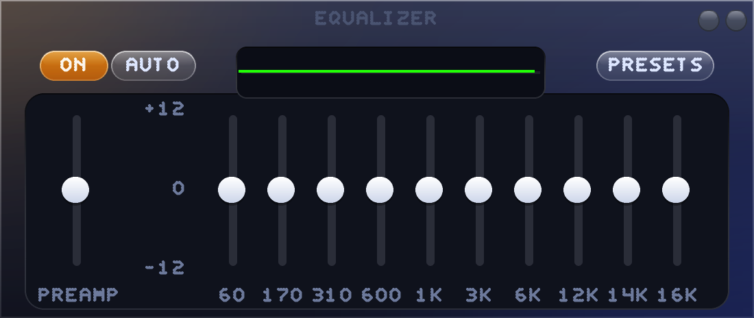 NuAmp Glass equalizer: preamp and ten glass sliders from 60 Hz to 16 kHz, with ON, AUTO and PRESETS buttons.