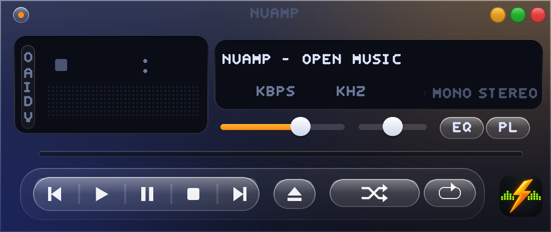 The NuAmp main window in the NuAmp Glass skin: time display, song ticker, volume and balance sliders, and glass transport buttons.