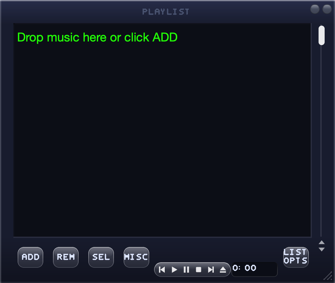 NuAmp Glass playlist window with ADD, REM, SEL and MISC buttons and mini transport controls.