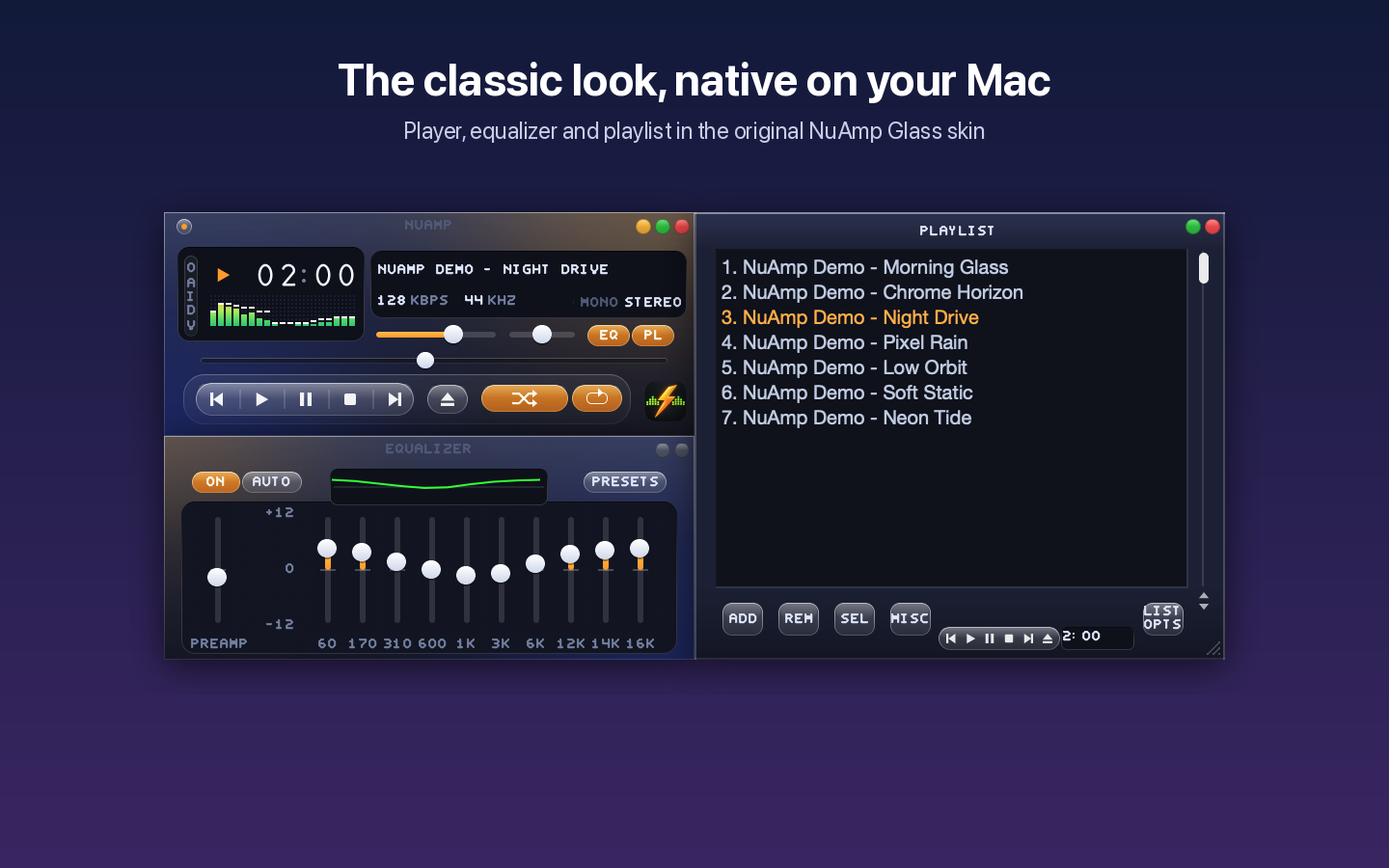 NuAmp Glass main, equalizer and playlist windows docked together while a demo track plays, with the spectrum analyzer active.