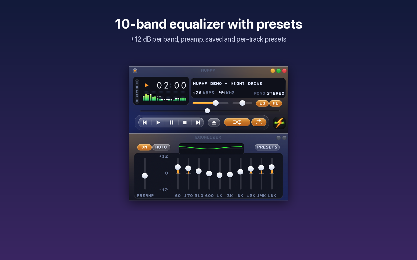 The NuAmp Glass player above the equalizer, with a boosted bass and treble curve and a lowered preamp.