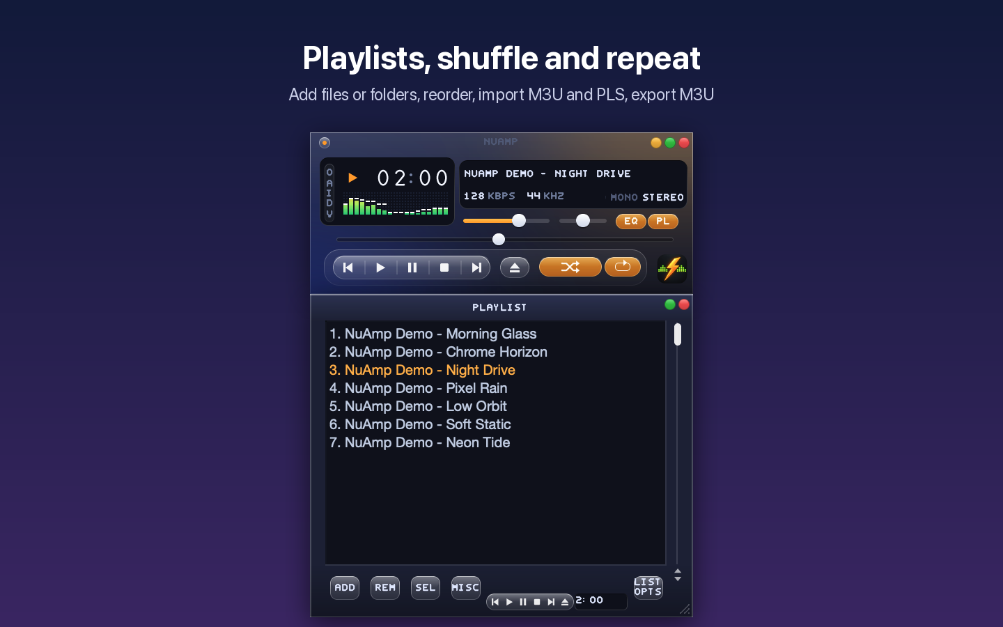 The NuAmp Glass player above a playlist of seven demo tracks, with shuffle and repeat switched on.