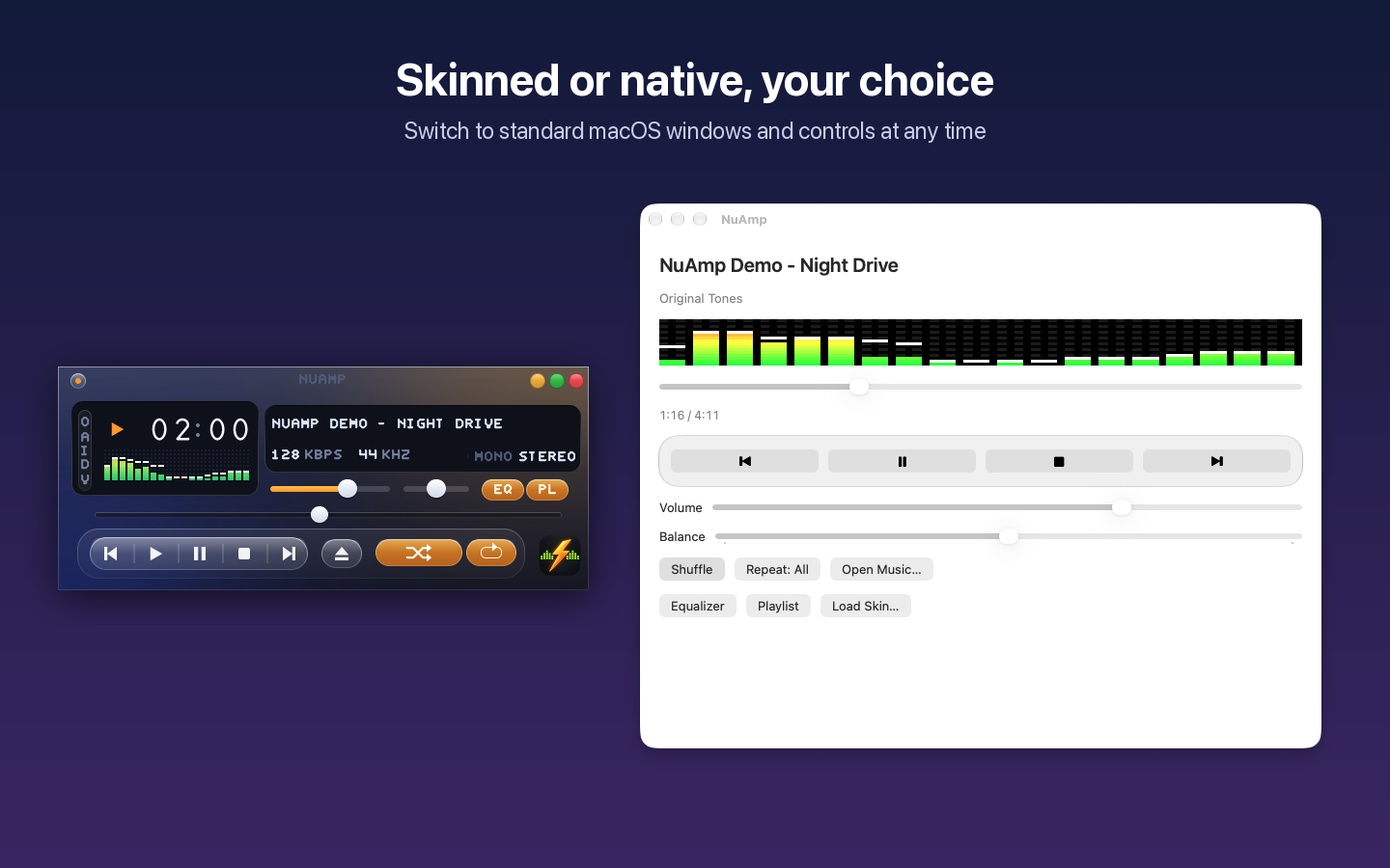 The NuAmp Glass player beside the same player in native macOS mode with standard controls.