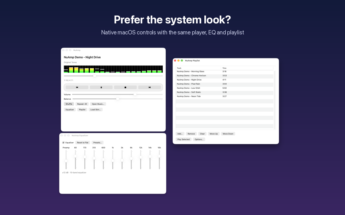 NuAmp's native macOS player, equalizer and playlist windows.